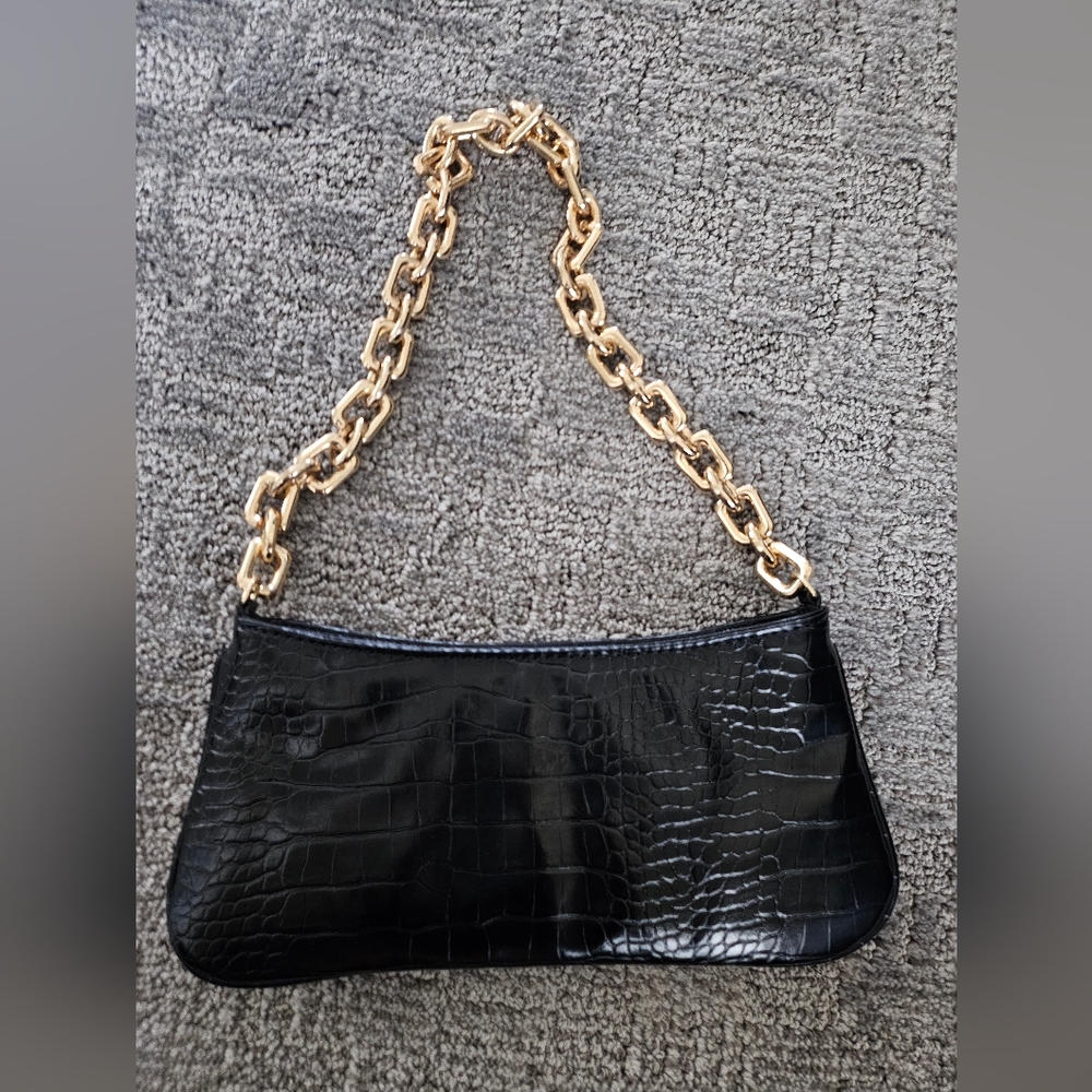 Black Croc-Embossed Bag with Gold Chain